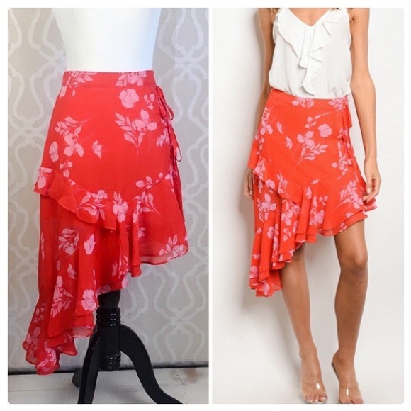 littlegypsie Dresses & Skirts - *CLEARANCE* Red Floral Asymmetrical Skirt